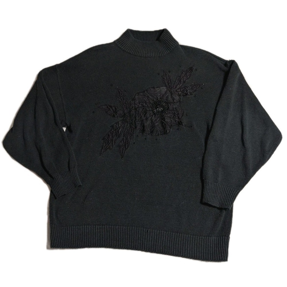 Vintage RAVE Floral Beaded Mock Neck Sweater Womens L Black Ramie Cotton‎ 90s
